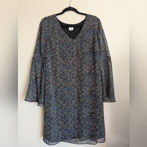 Cabi Blue and Brown V-Neck Bell Sleeve Dress Size L